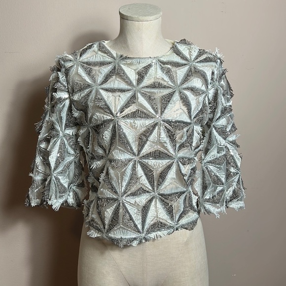 Garcia Women’s Silver Sequin beaded pinwheel motifs crop top size S - Picture 6 of 14